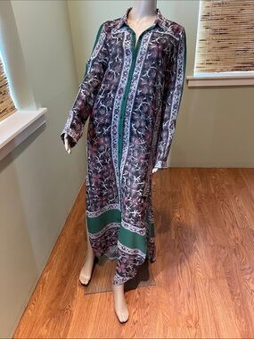 Long Floral Print Button-Front Silk Maxi Dress in Green Brown cream size L